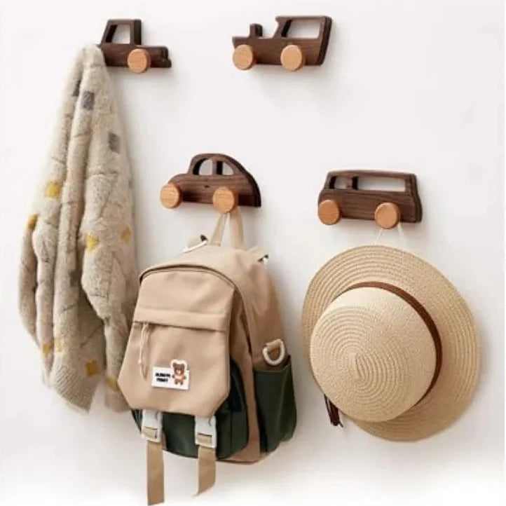 Crochets Muraux en Noyer Forme Voiture pour Chambre Salle de Bain Entrée