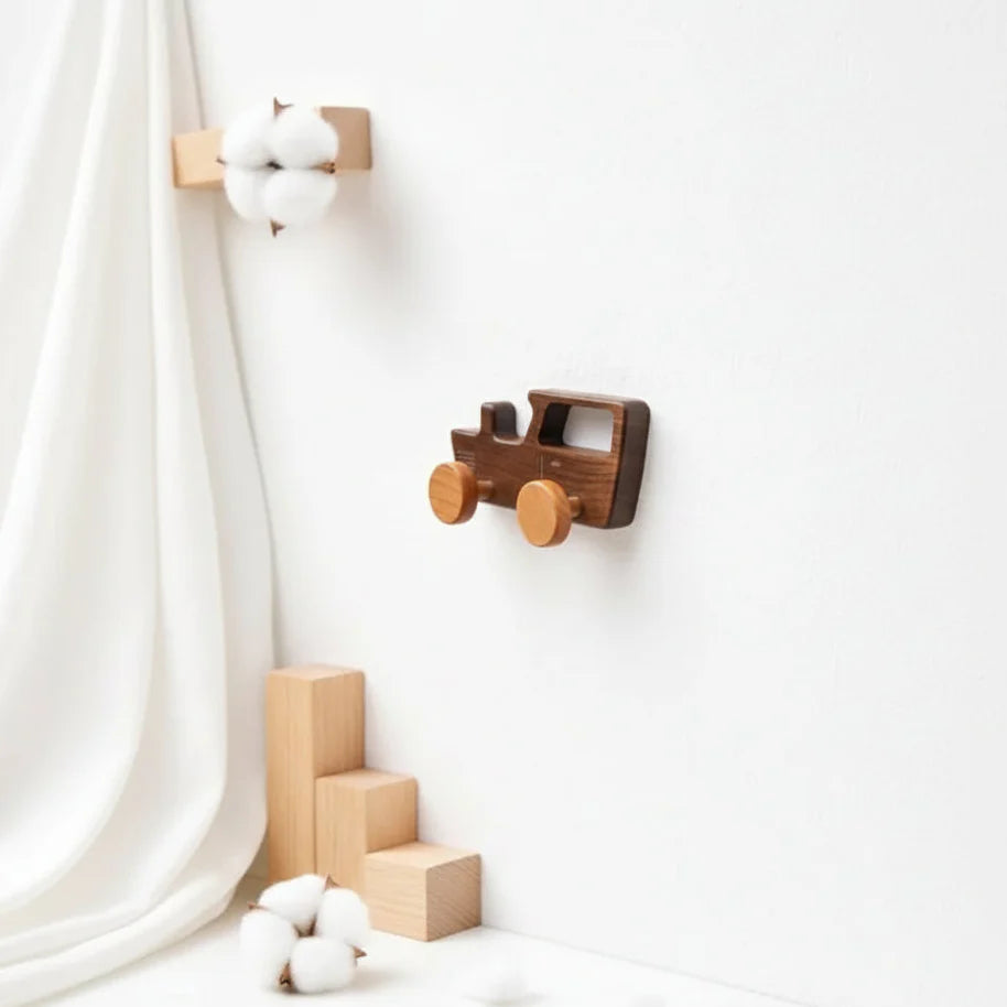 Crochets Muraux en Noyer Forme Voiture pour Chambre Salle de Bain Entrée