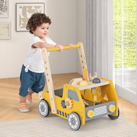 Trotteur Bébé en Bois 2-en-1 avec Vitesse Réglable et Rangement - Jaune