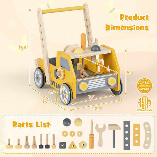 Trotteur Bébé en Bois 2-en-1 avec Vitesse Réglable et Rangement - Jaune